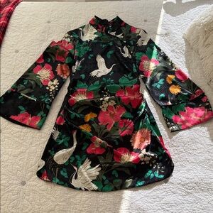 Zara kimono Black Floral Dress with Pink and Green Accents
